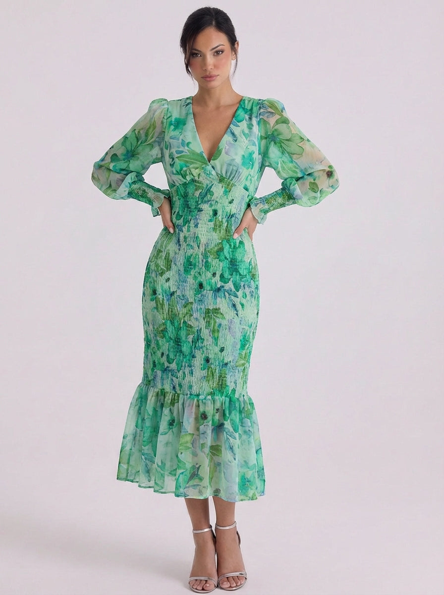 Mairi | Chiffon Floral Smocked Midi Dress With Puff