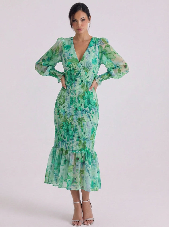 Mairi | Chiffon Floral Smocked Midi Dress With Puff