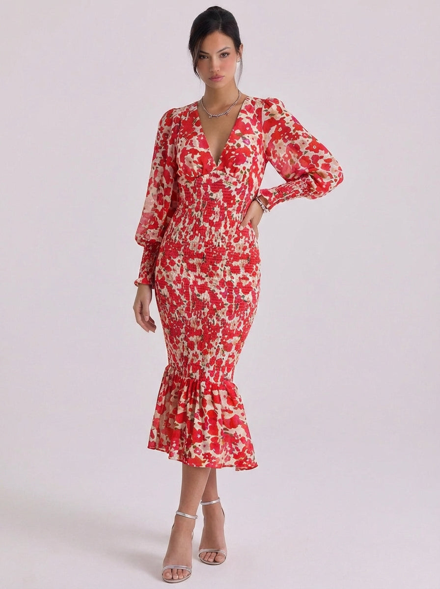 Dearbhla | Chiffon Floral Smocked Midi Dress With Ruffle Hem
