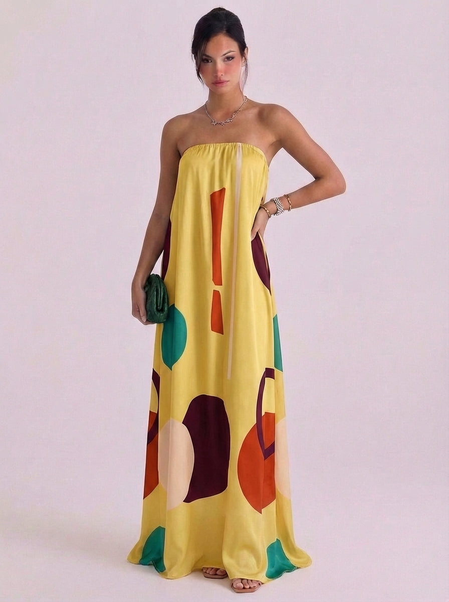 Ciara | Chiffon Geometric Print Strapless Maxi Dress