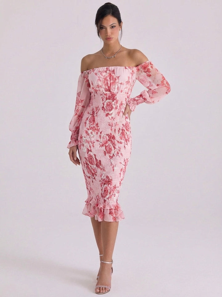Raonaid | Chiffon Off-Shoulder Floral Midi Dress With Smocked Waist