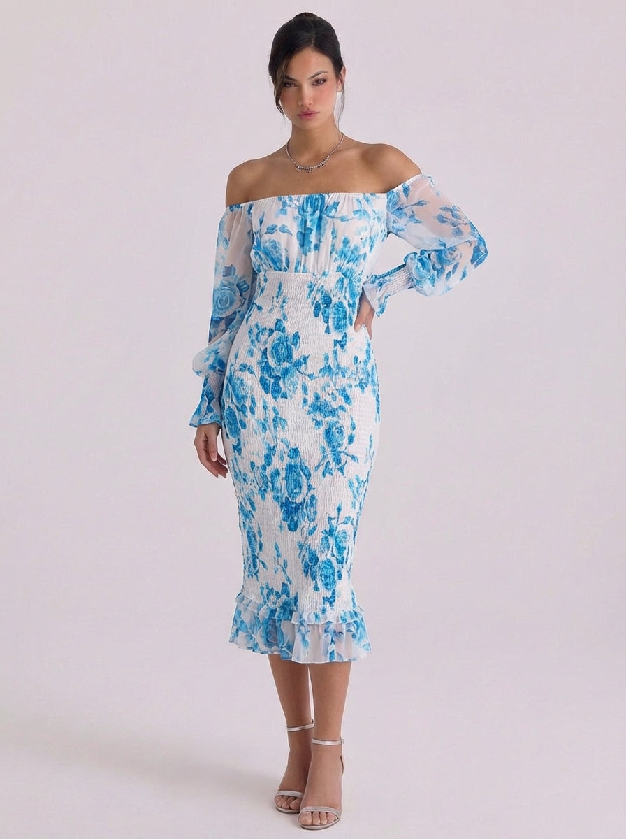Raonaid | Chiffon Off-Shoulder Floral Midi Dress With Smocked Waist