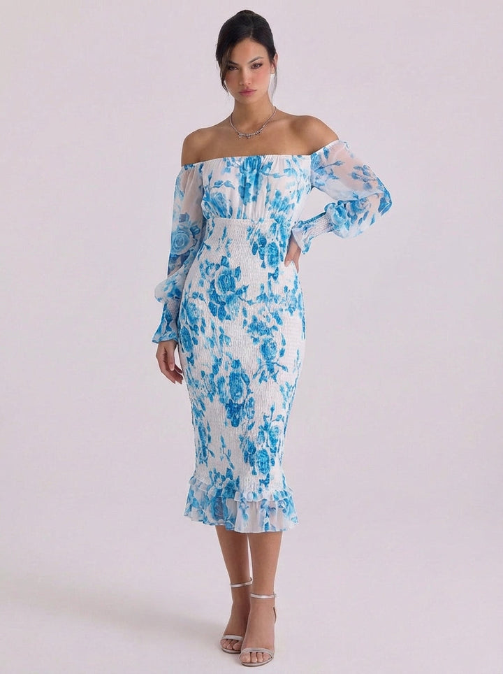 Raonaid | Chiffon Off-Shoulder Floral Midi Dress With Smocked Waist