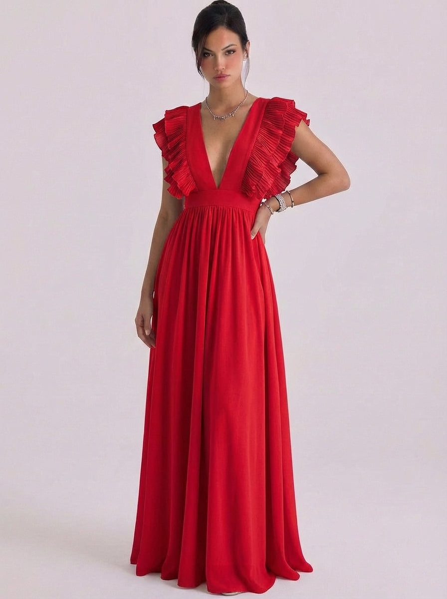 Morven | Chiffon Pleated Ruffle Deep V Maxi Gown Cap Sleeve