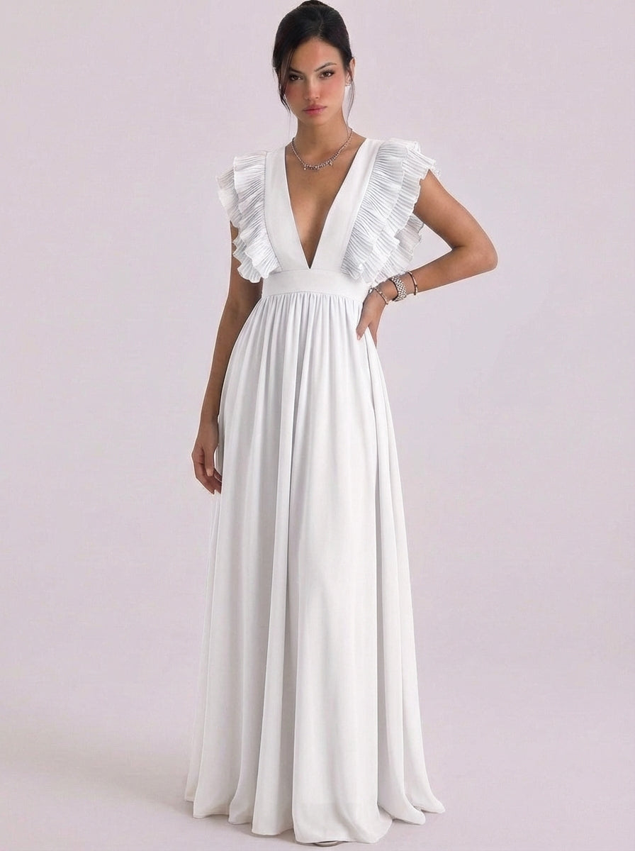 Morven | Chiffon Pleated Ruffle Deep V Maxi Gown Cap Sleeve