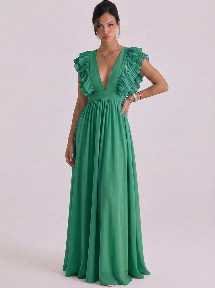 Morven | Chiffon Pleated Ruffle Deep V Maxi Gown Cap Sleeve
