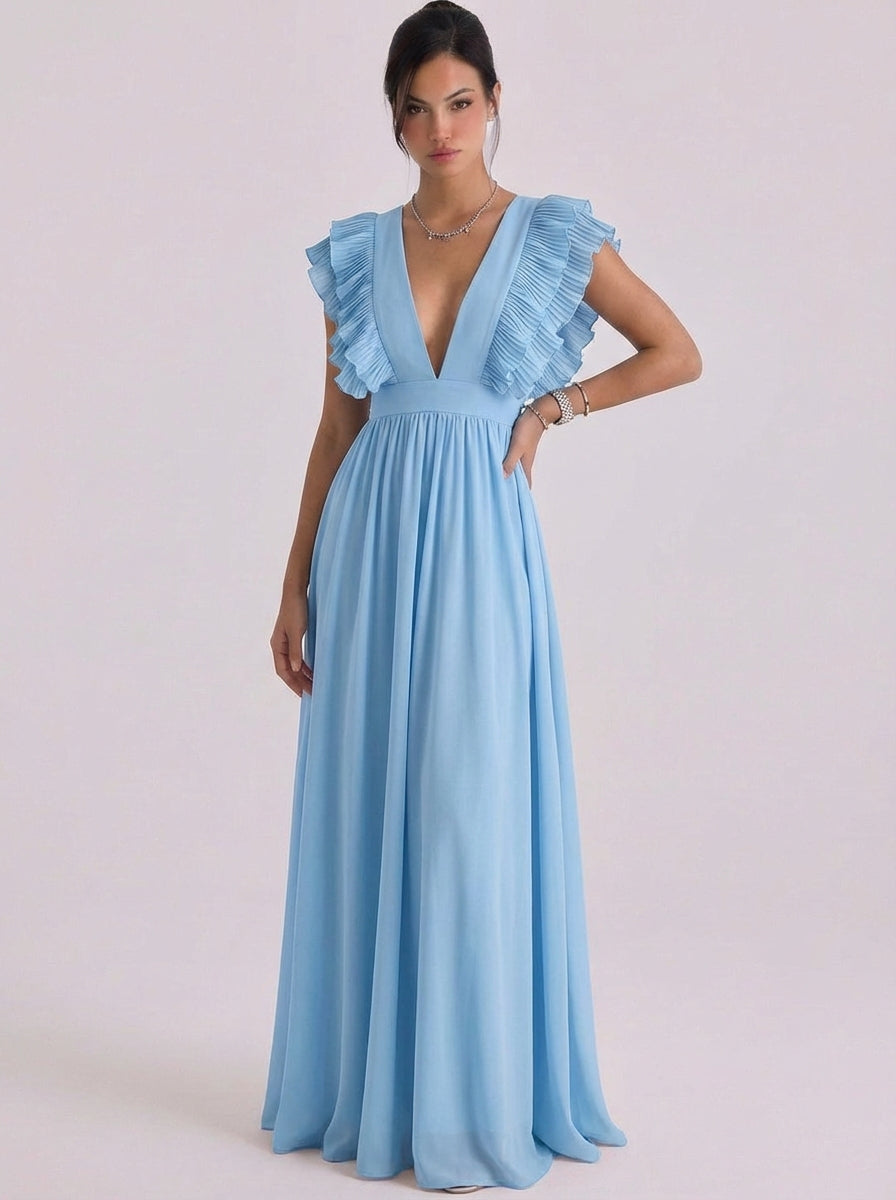Morven | Chiffon Pleated Ruffle Deep V Maxi Gown Cap Sleeve