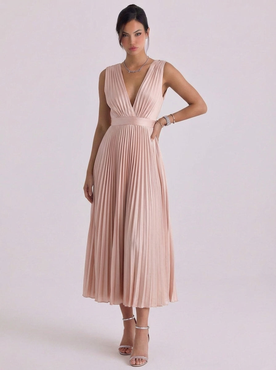 Niamh | Chiffon Pleated V-Neck Midi Dress