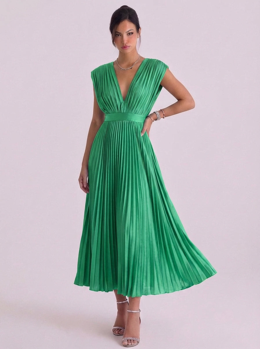 Niamh | Chiffon Pleated V-Neck Midi Dress