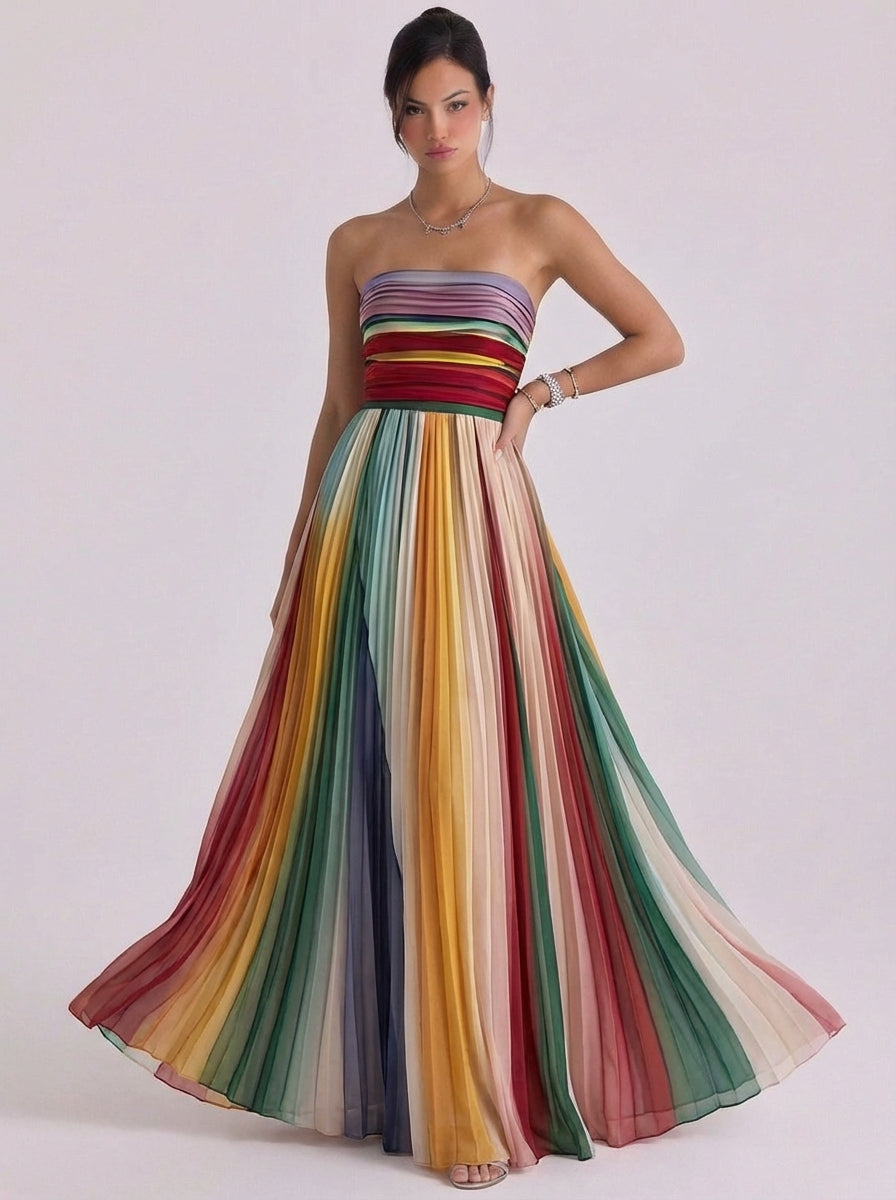 Eithne | Chiffon Rainbow Stripe Strapless Gown Pleated Skirt