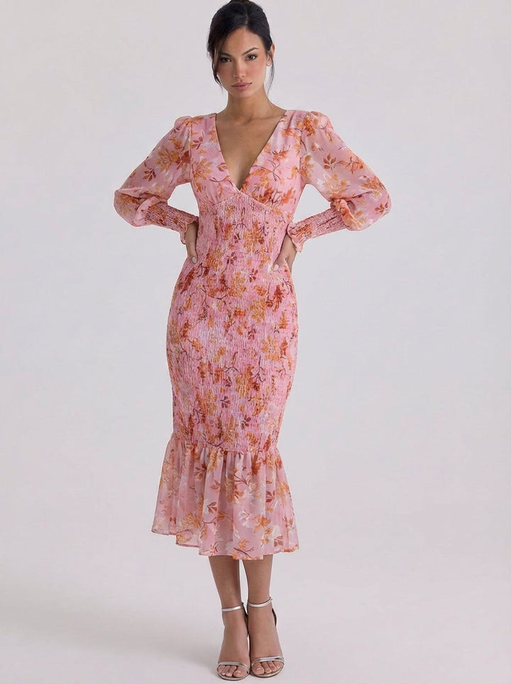 Mairead | Chiffon Smocked Floral Midi Dress With Ruffle Hem