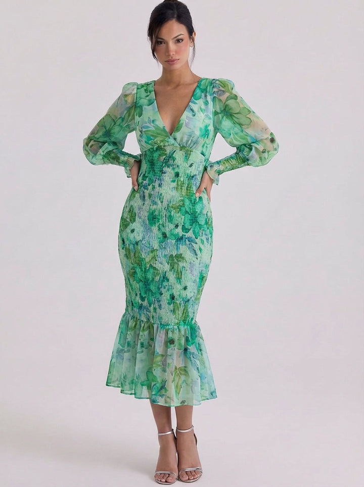 Mairead | Chiffon Smocked Floral Midi Dress With Ruffle Hem
