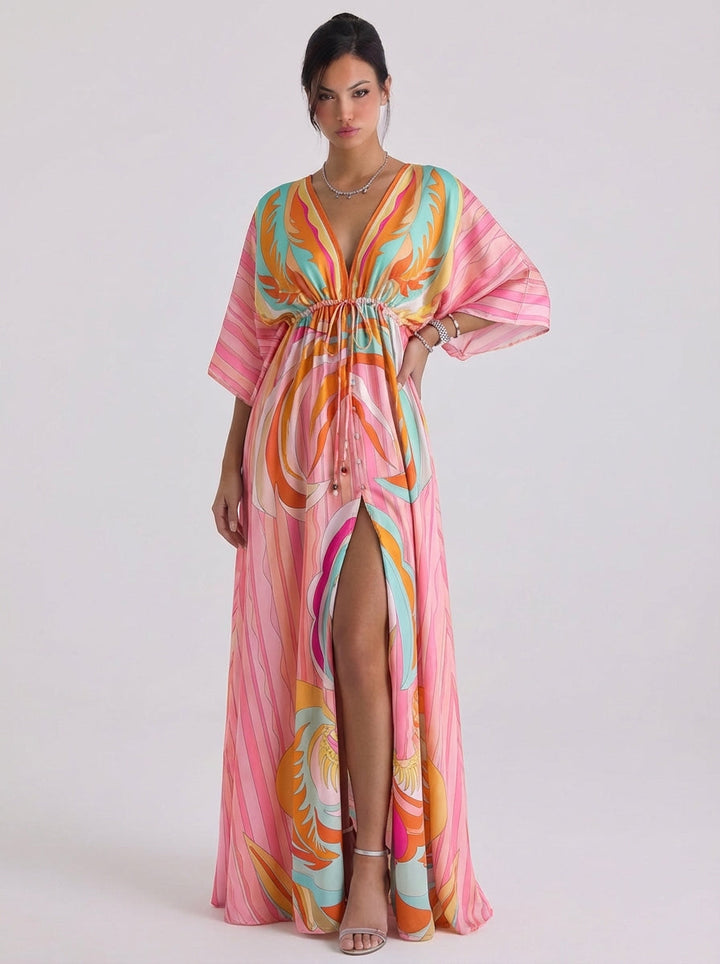 Iain | Chiffon Swirl Print Deep V Maxi Dress Kimono Sleeve Button Front High-Slit