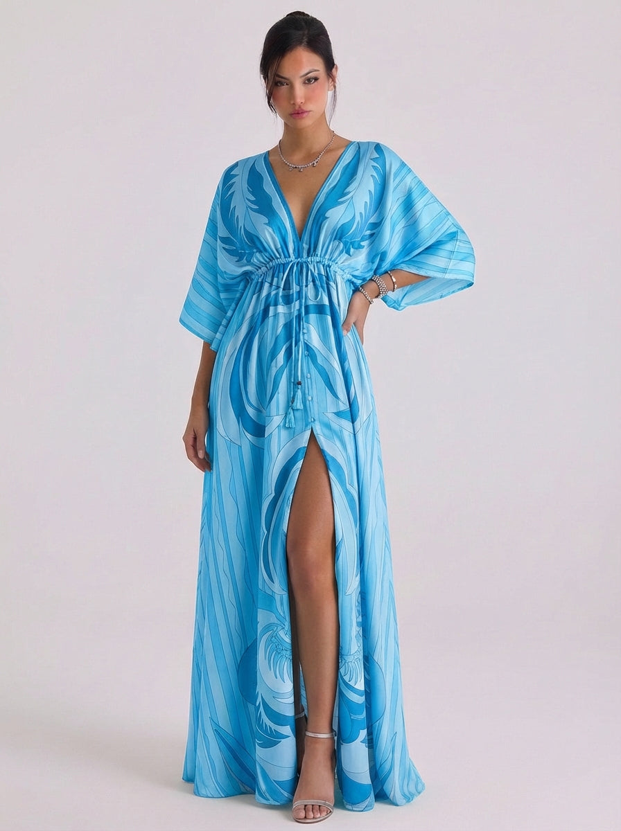 Iain | Chiffon Swirl Print Deep V Maxi Dress Kimono Sleeve Button Front High-Slit