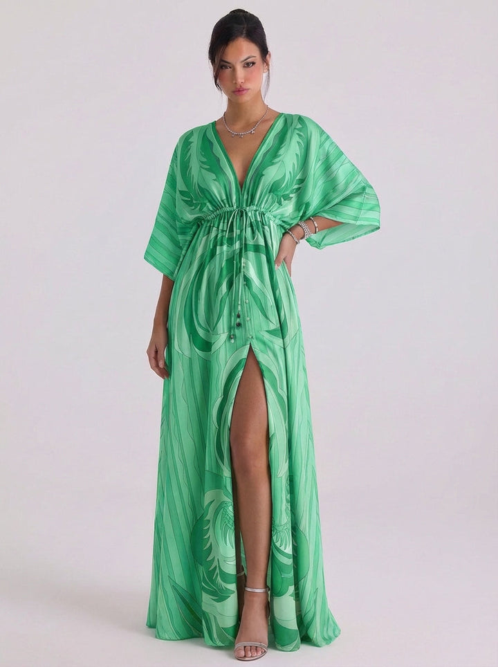 Iain | Chiffon Swirl Print Deep V Maxi Dress Kimono Sleeve Button Front High-Slit