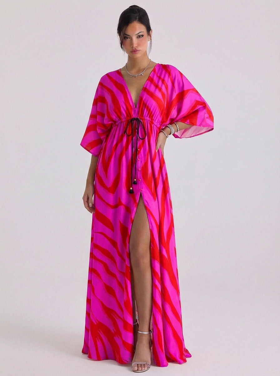 Iain | Chiffon Swirl Print Deep V Maxi Dress Kimono Sleeve Button Front High-Slit