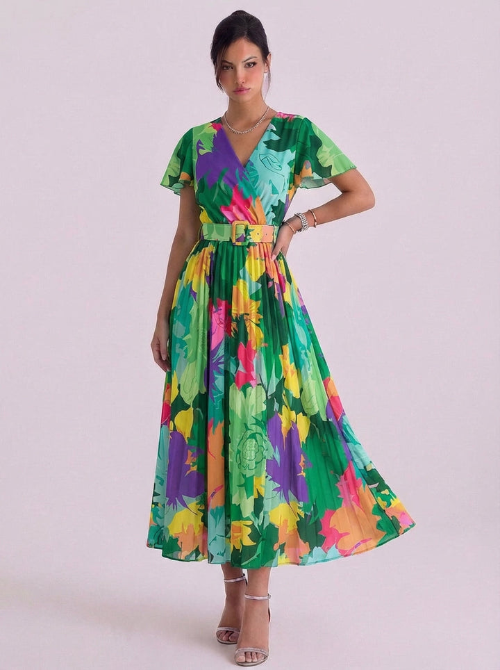 Nollaig | Chiffon Tropical Print Wrap Midi Dress