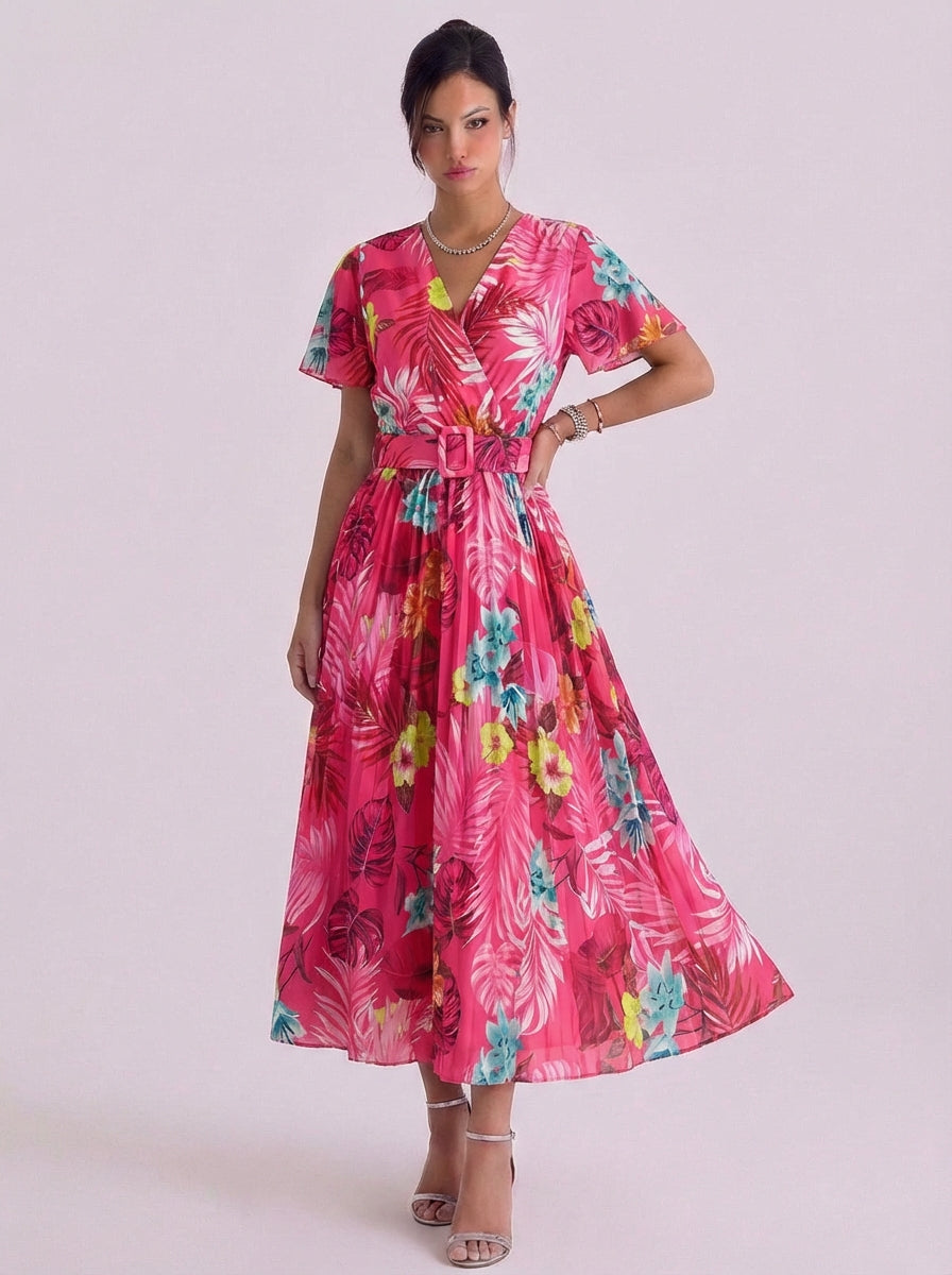 Nollaig | Chiffon Tropical Print Wrap Midi Dress