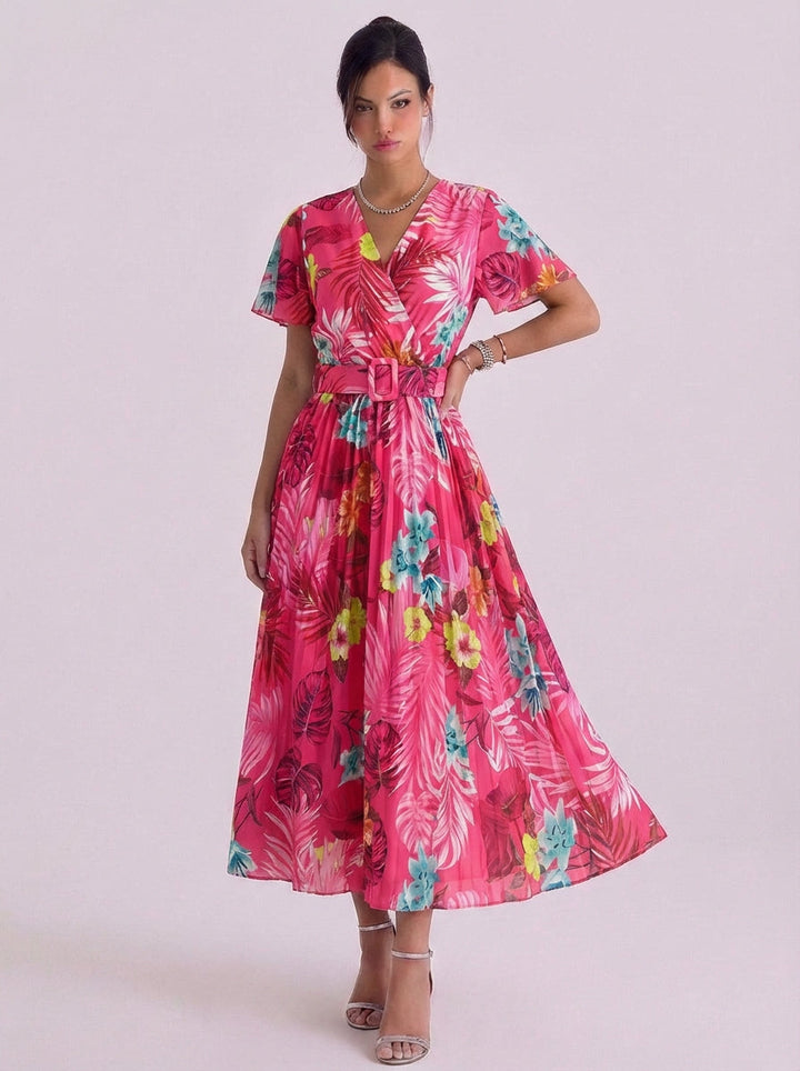 Nollaig | Chiffon Tropical Print Wrap Midi Dress