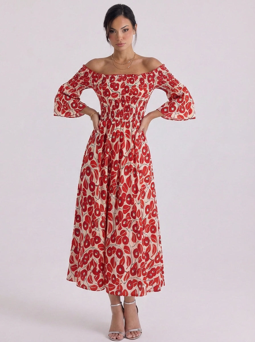 Gilleasbuig | Cotton Abstract Print Off-Shoulder Midi Dress Puff Sleeve