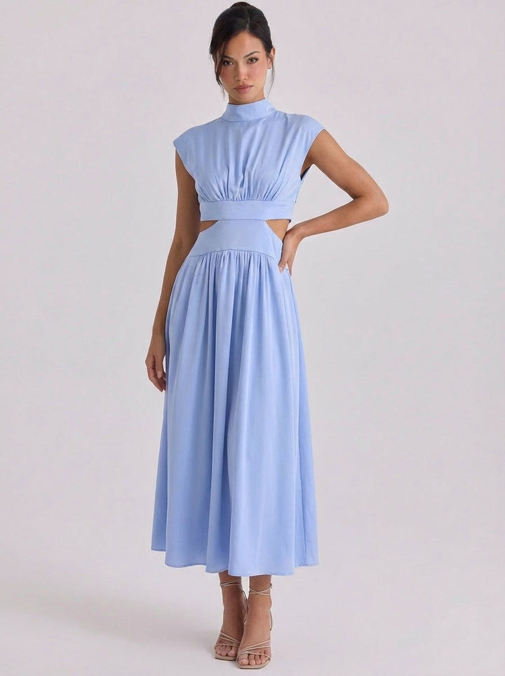 Raghnall | Cotton Cutout High Neck Midi Dress Cap Sleeve Gathered Waist