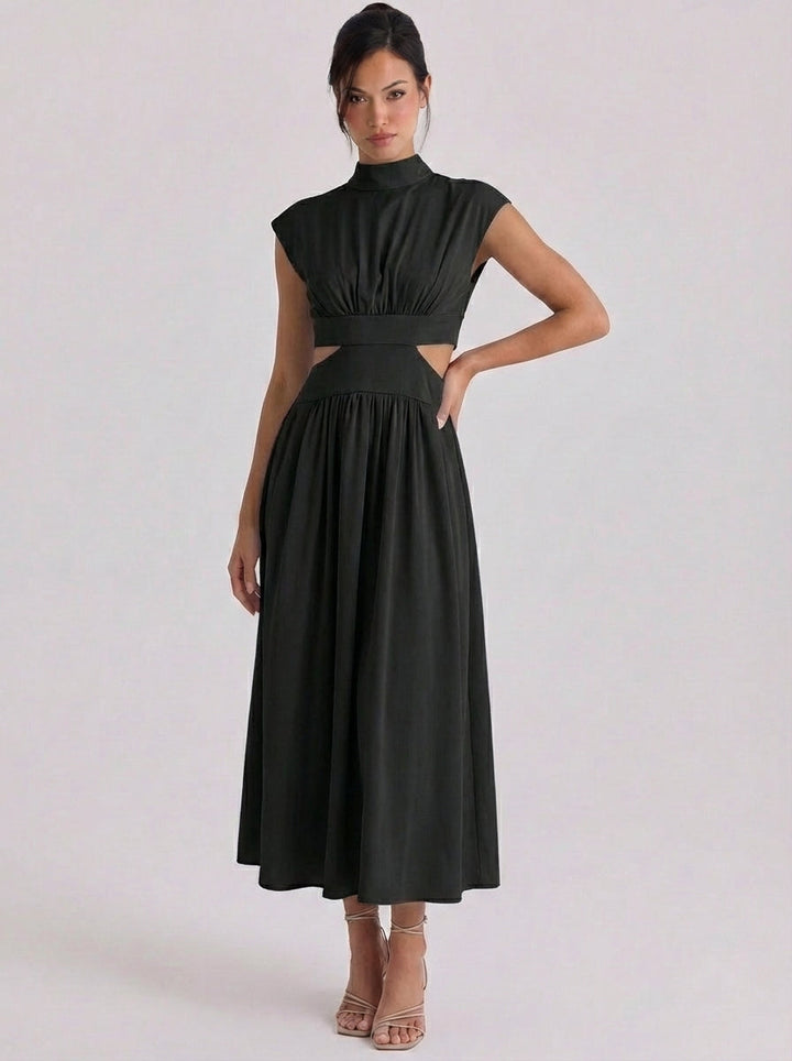 Raghnall | Cotton Cutout High Neck Midi Dress Cap Sleeve Gathered Waist
