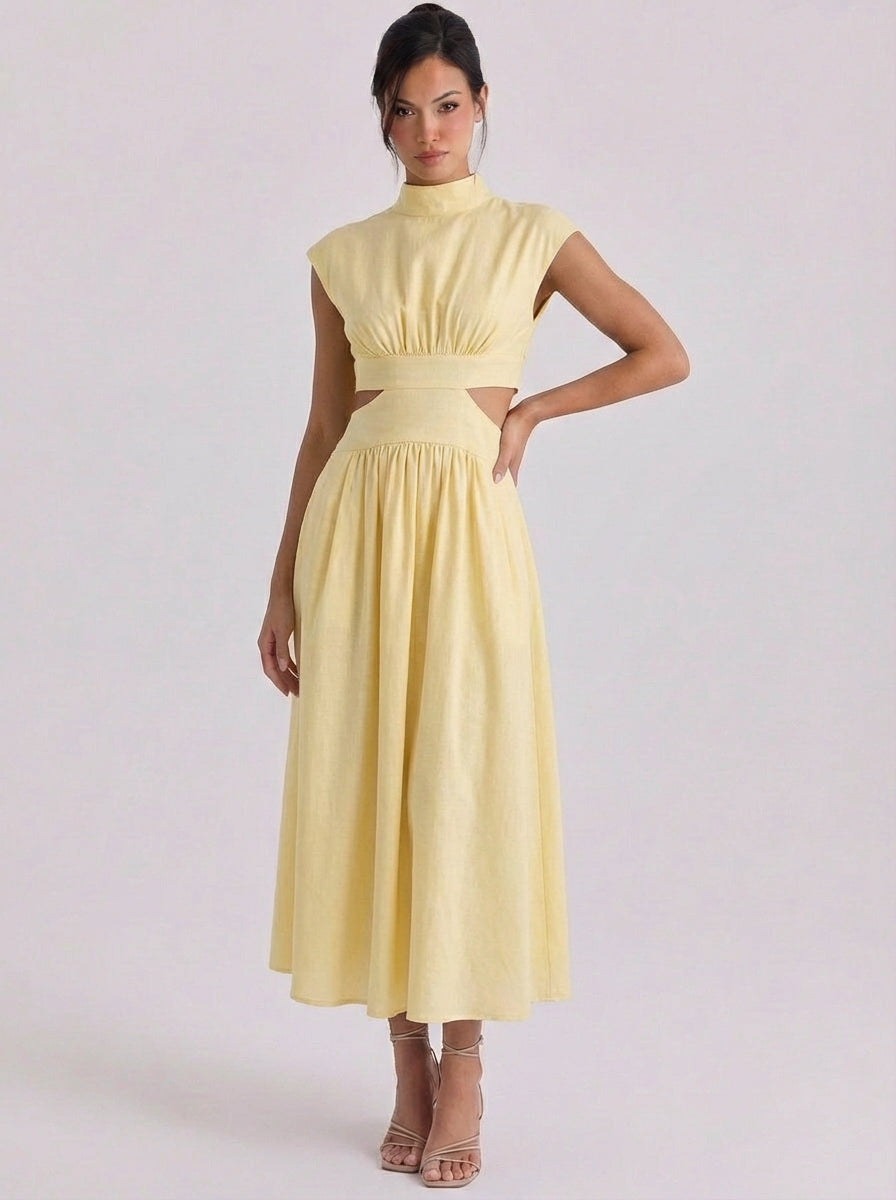 Raghnall | Cotton Cutout High Neck Midi Dress Cap Sleeve Gathered Waist