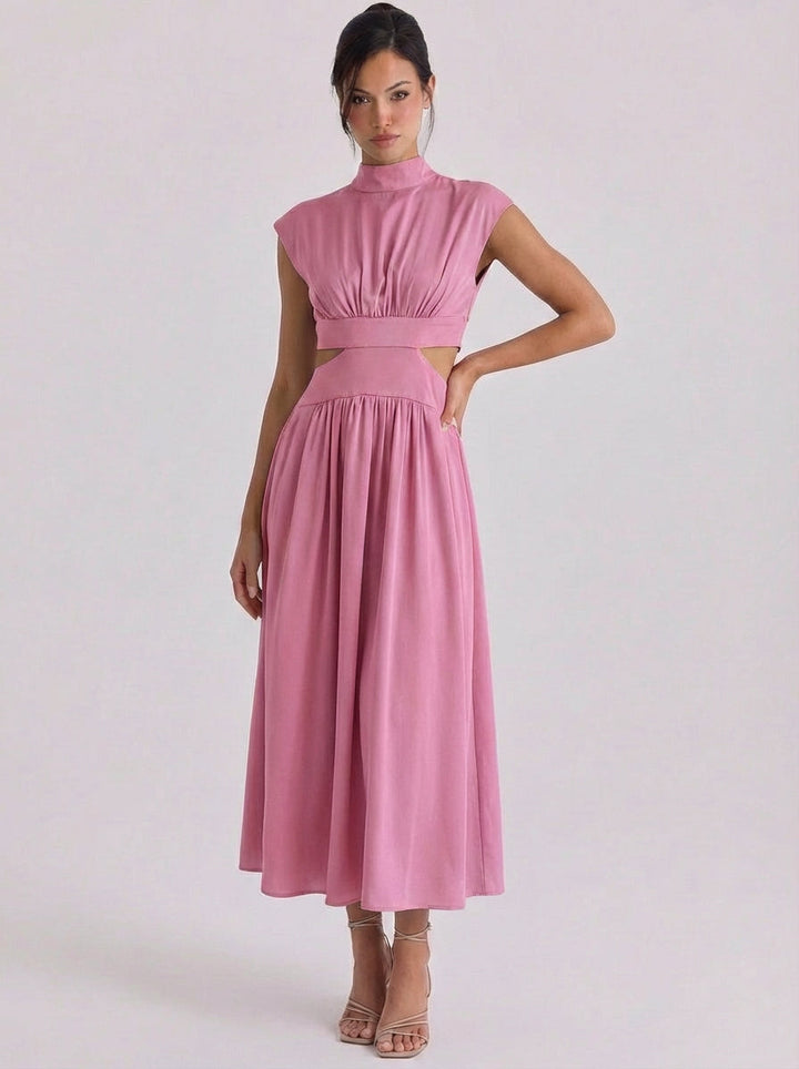 Raghnall | Cotton Cutout High Neck Midi Dress Cap Sleeve Gathered Waist
