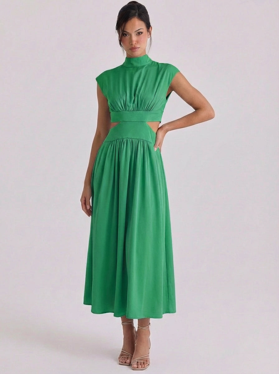 Raghnall | Cotton Cutout High Neck Midi Dress Cap Sleeve Gathered Waist