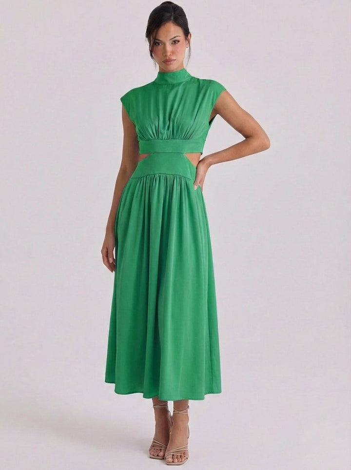 Raghnall | Cotton Cutout High Neck Midi Dress Cap Sleeve Gathered Waist