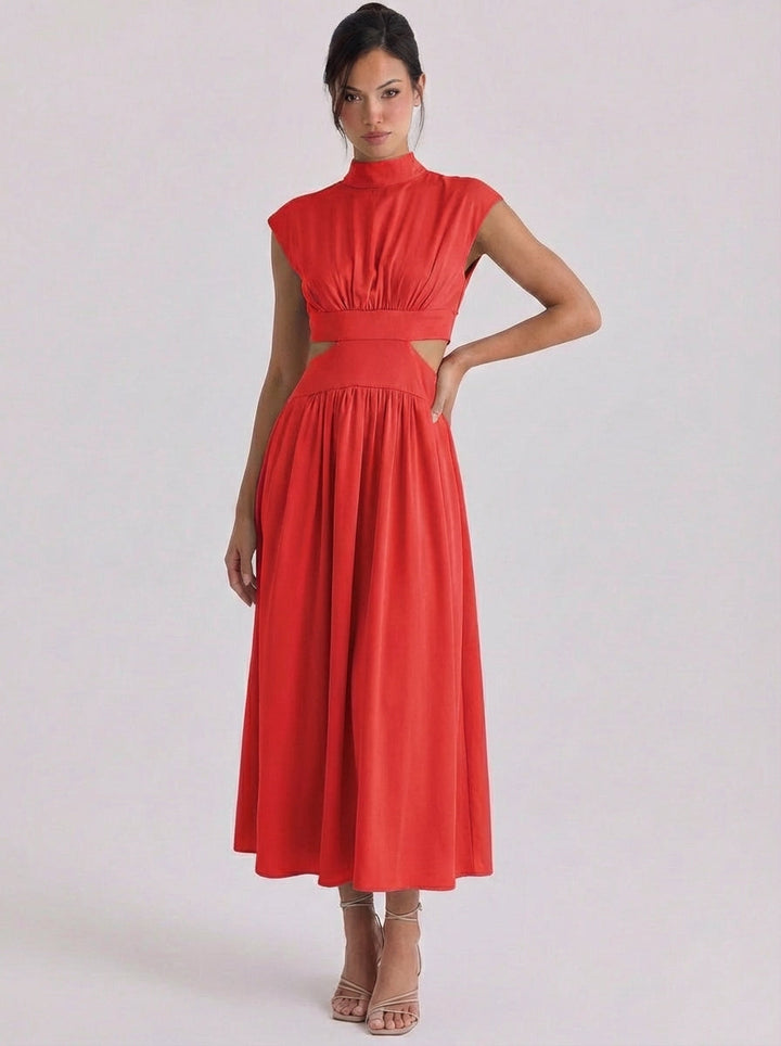 Raghnall | Cotton Cutout High Neck Midi Dress Cap Sleeve Gathered Waist