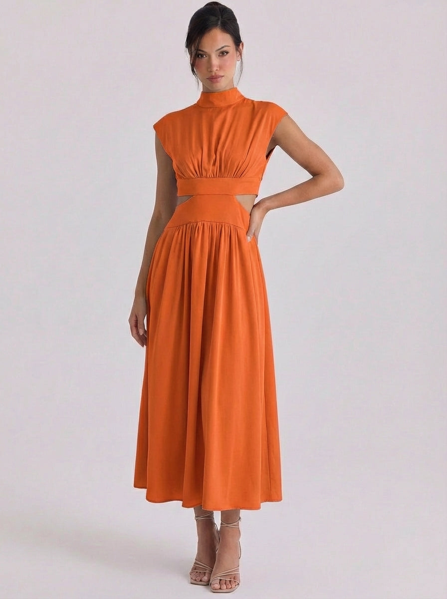 Raghnall | Cotton Cutout High Neck Midi Dress Cap Sleeve Gathered Waist