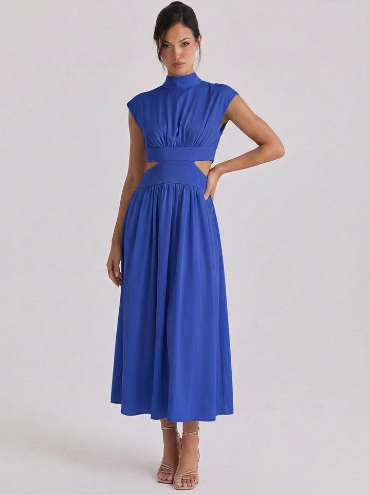 Raghnall | Cotton Cutout High Neck Midi Dress Cap Sleeve Gathered Waist