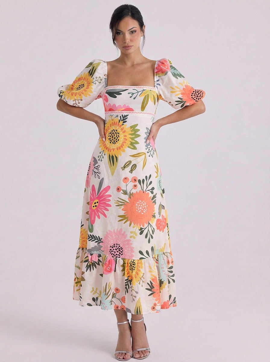 Gormla | Cotton Floral Print Puff Sleeve Midi Dress With Ruffle Hem