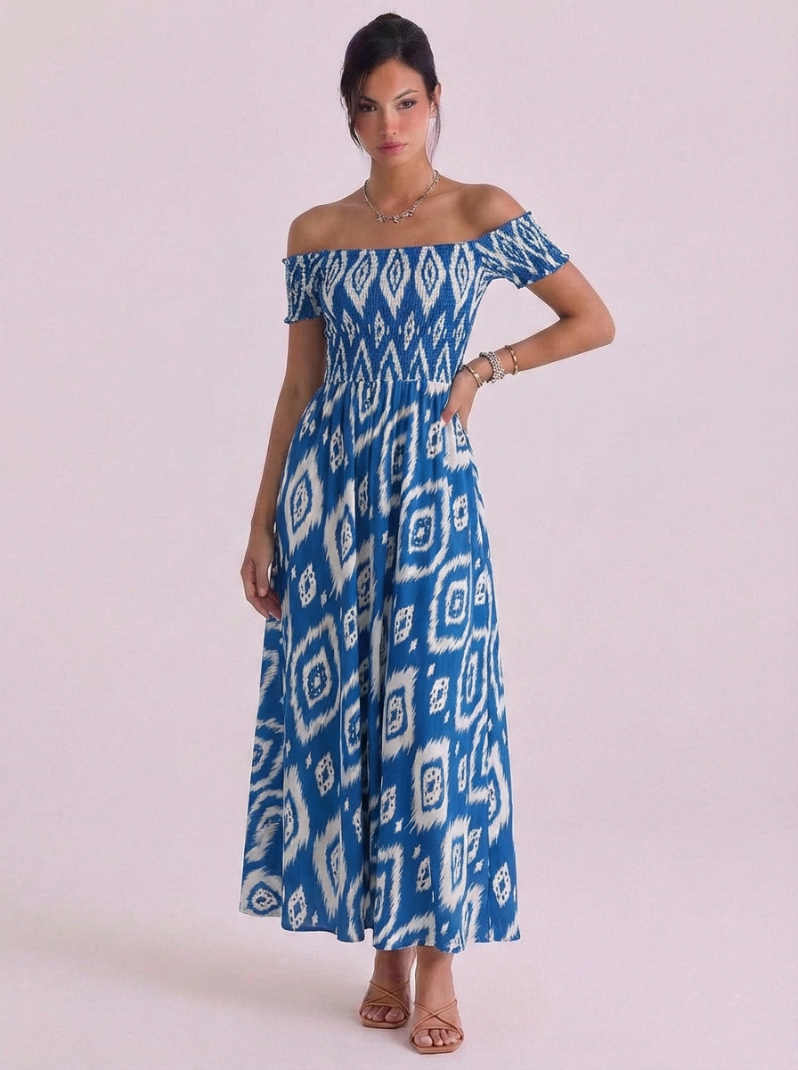 Muireann | Cotton Ikat Print Off-Shoulder Midi Dress Smocked Bodice