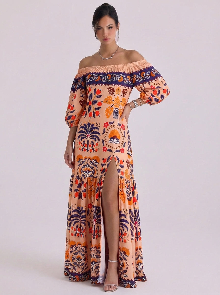 Sibeal | Cotton Off-Shoulder Embroidered Maxi Dress With Tassel Trim