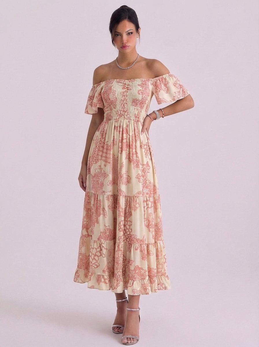 Sinead | Cotton Off-Shoulder Floral Maxi Dress With Smocked Bodice