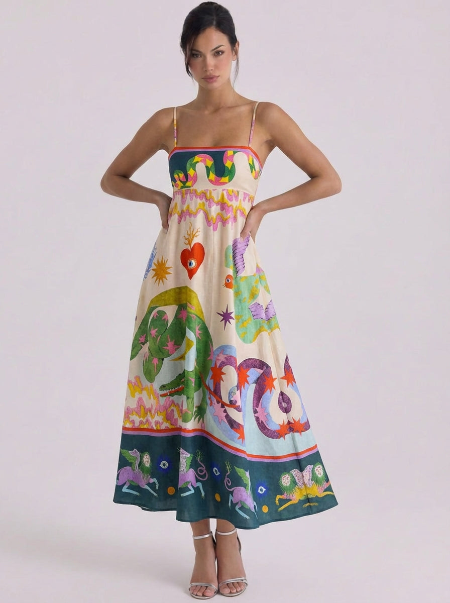 Deirdre | Cotton Printed Maxi Dress With Snake Motif