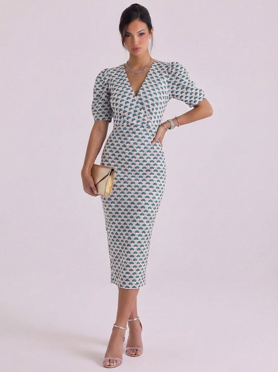 Brigid | Cotton Puff Sleeve Printed Midi Dress