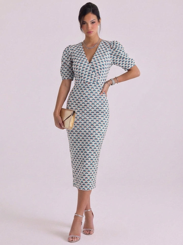 Brigid | Cotton Puff Sleeve Printed Midi Dress