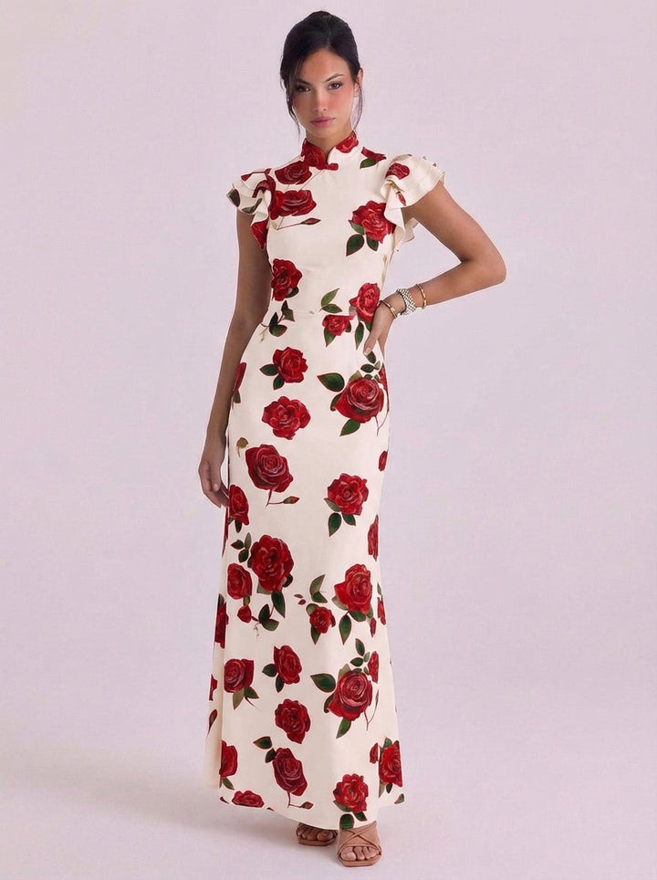 Niall | Cotton Rose Print High Neck Maxi Dress Ruffle Cap Sleeve