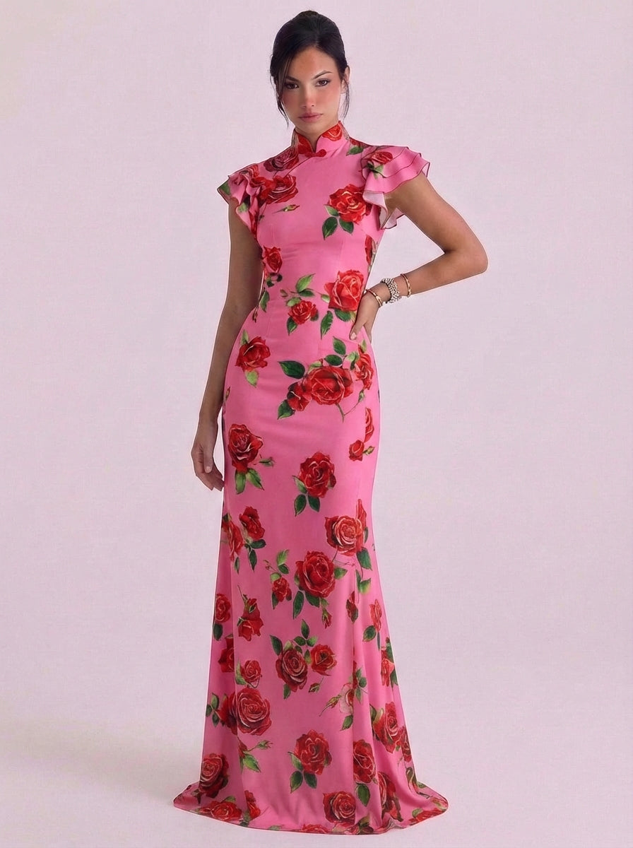 Niall | Cotton Rose Print High Neck Maxi Dress Ruffle Cap Sleeve