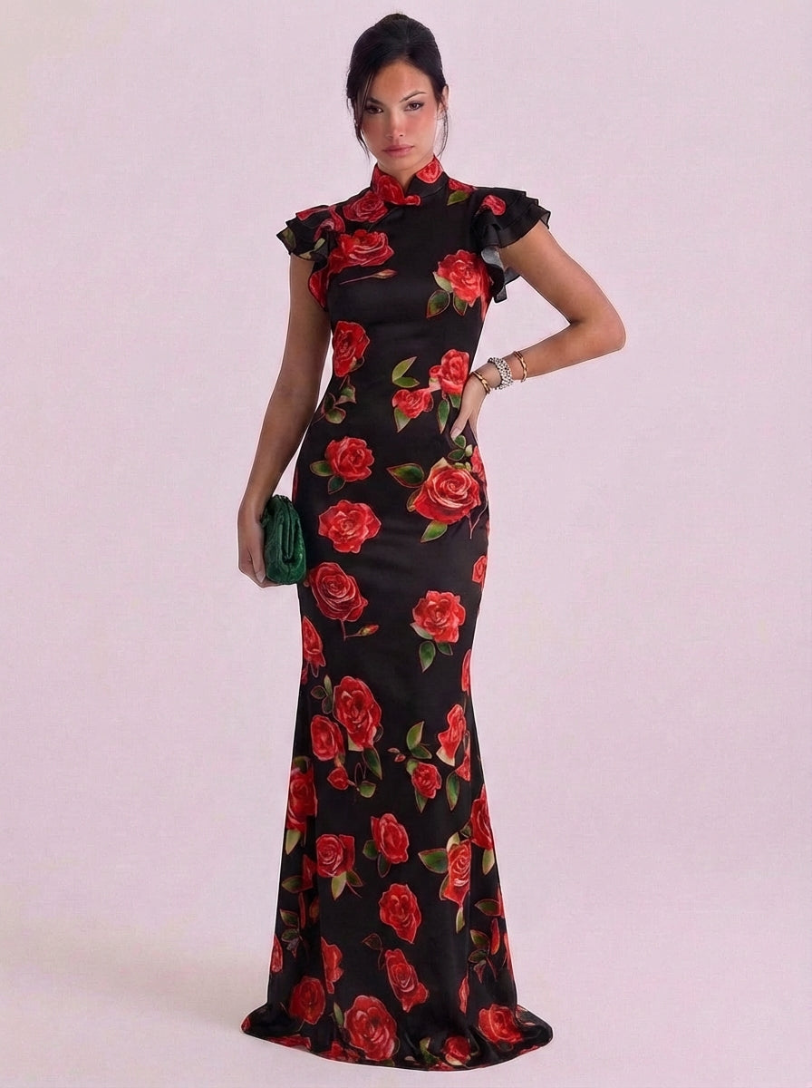 Niall | Cotton Rose Print High Neck Maxi Dress Ruffle Cap Sleeve