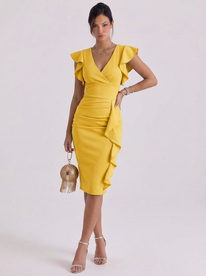 Treasa | Crepe Ruffle Sleeve Bodycon Midi Dress