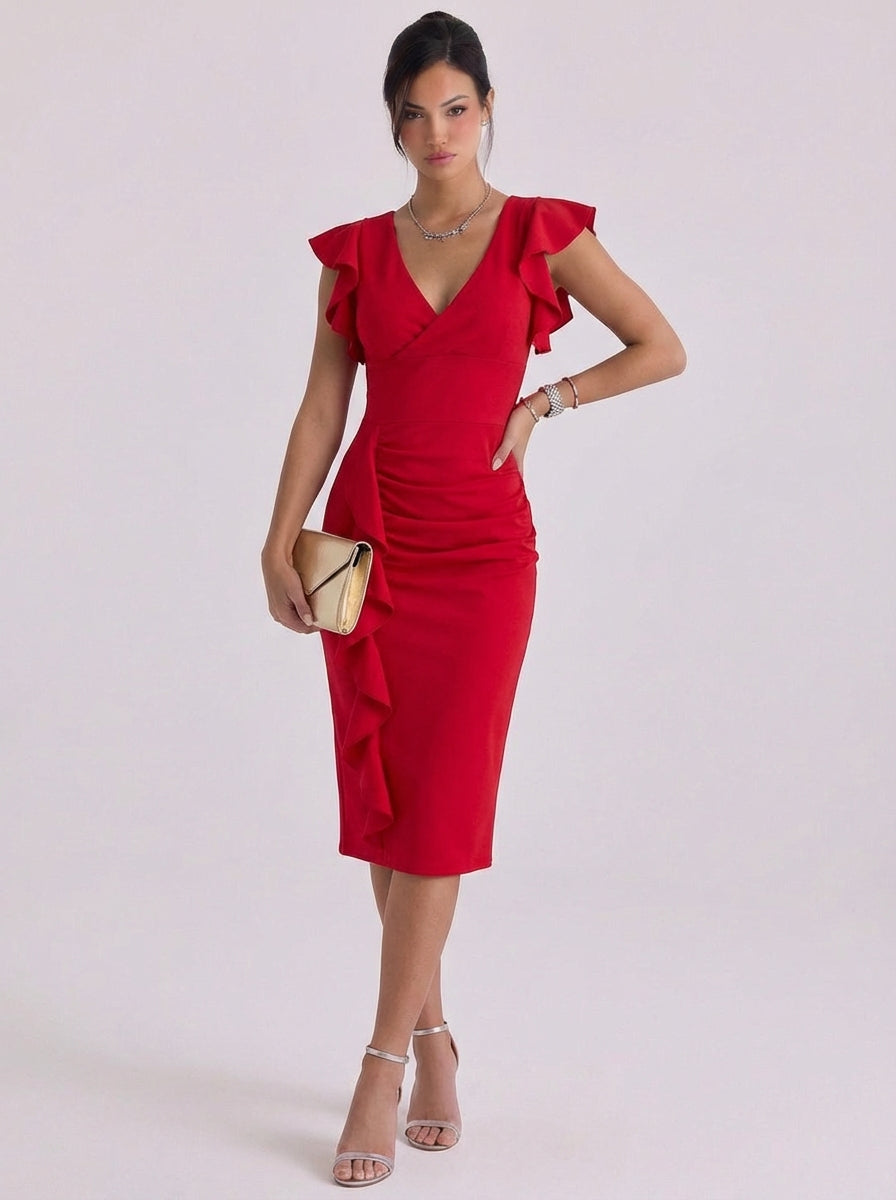 Treasa | Crepe Ruffle Sleeve Bodycon Midi Dress