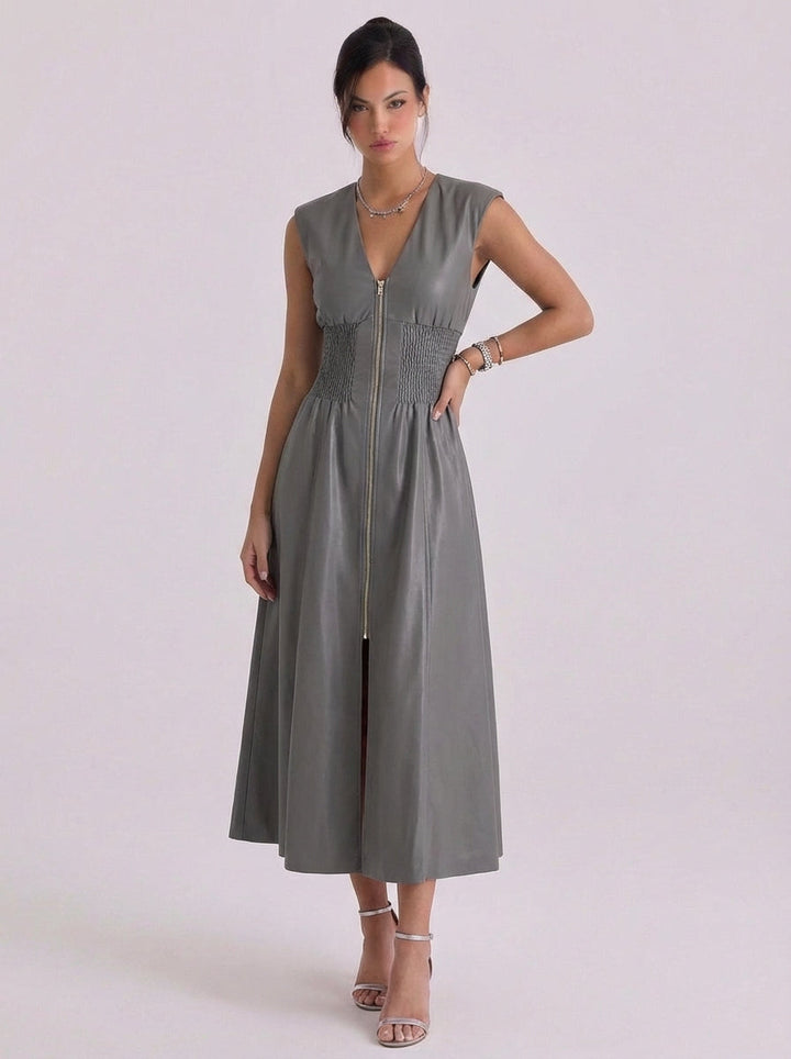 Blathnaid | Faux Leather Zip Front Midi Dress With Smocked Waist
