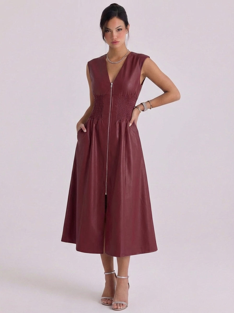 Blathnaid | Faux Leather Zip Front Midi Dress With Smocked Waist