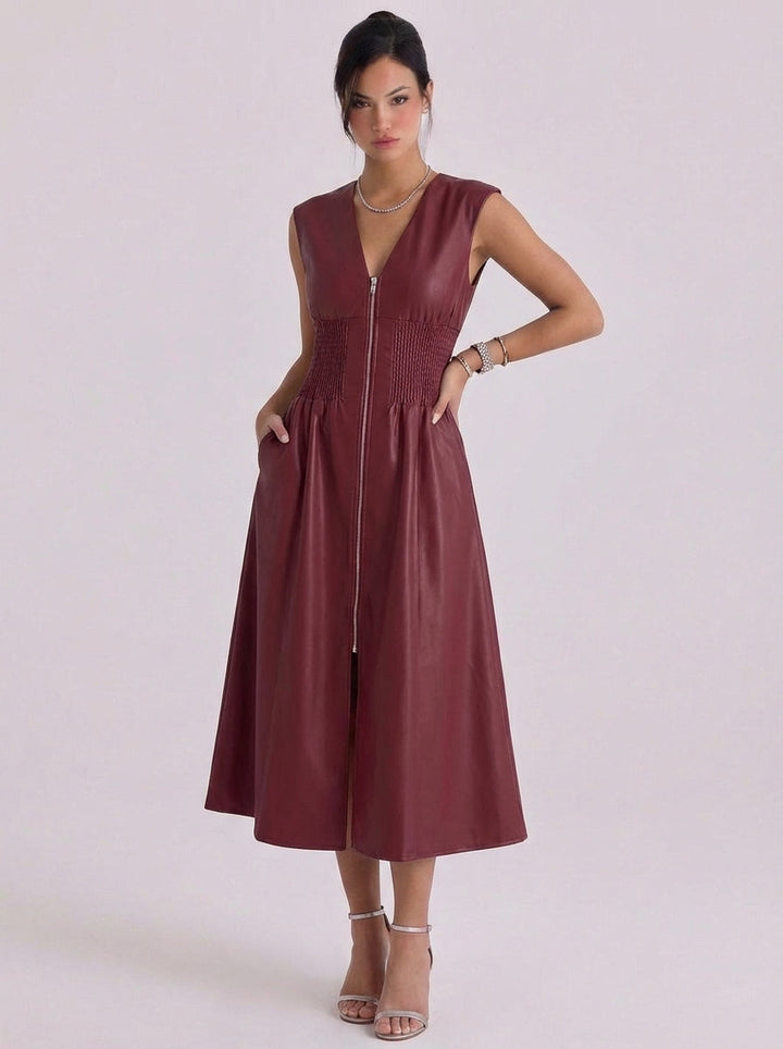 Blathnaid | Faux Leather Zip Front Midi Dress With Smocked Waist