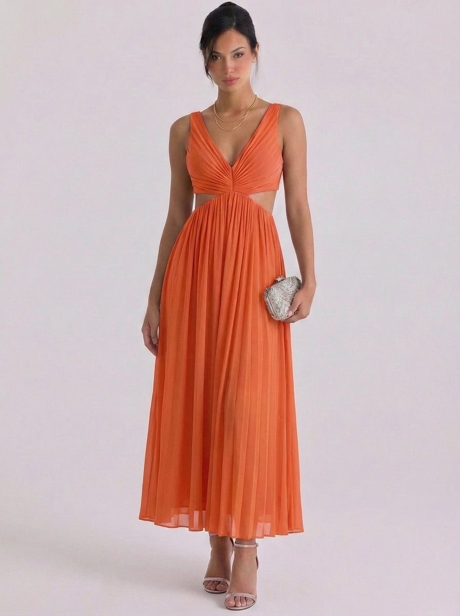 Oighrig | Satin Pleated Cutout Midi Dress