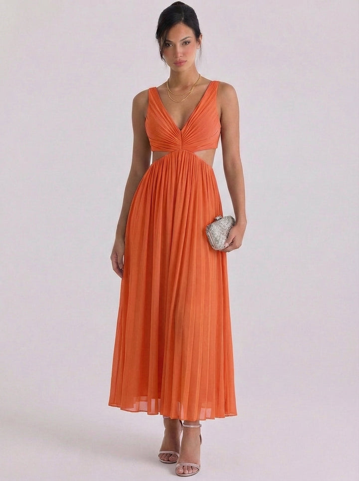 Oighrig | Satin Pleated Cutout Midi Dress